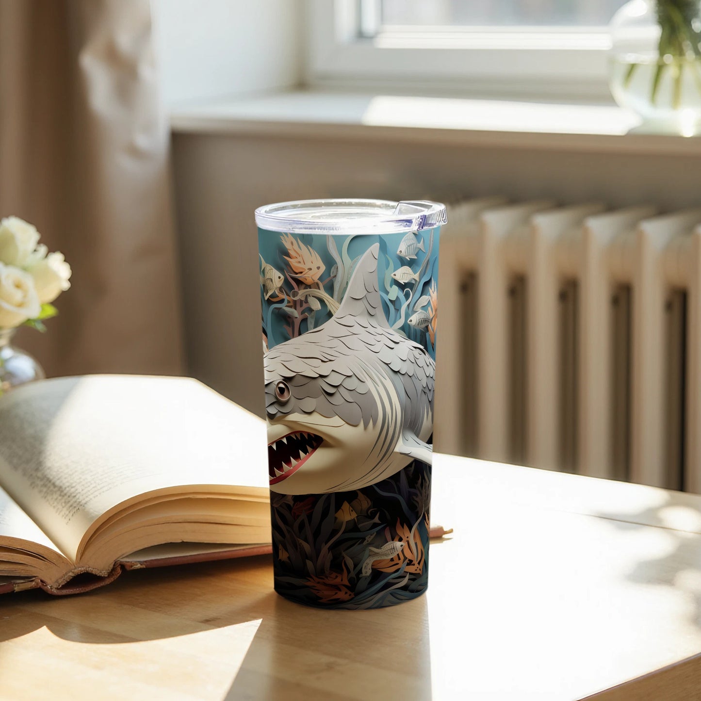 Deep Sea Predator Shark Ocean Artwork Tumbler product type
shark tumbler
ocean design
marine life
underwater scene
great white shark
aquatic art
paper cut style
layered effect
sea predator
fish pattern
wildlife drinkware
nautical theme
tumbler cup
insulated tumbler
beverage tumbler
unique gift idea
animal lover gift
adventure theme
shark art
deep sea decor