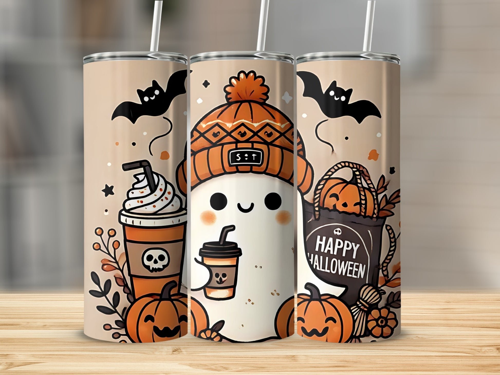 Cute Halloween Ghost Pumpkin Themed Tumbler Cup