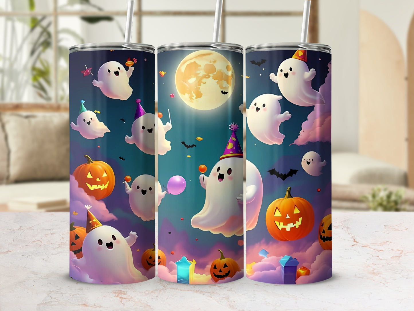 Tumbler with cute ghosts, pumpkins, and full moon with Halloween theme.