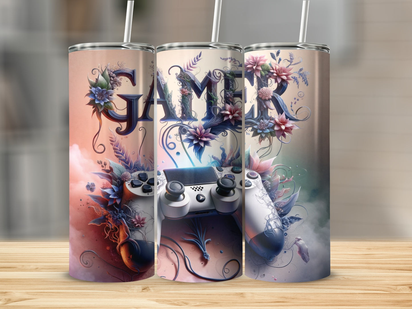 Gamer tumbler with floral accents and video game controller.