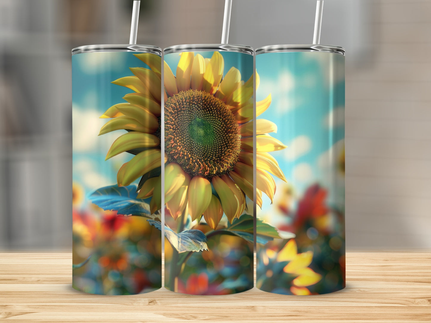 Sunflower tumbler with colorful bokeh background and straw.