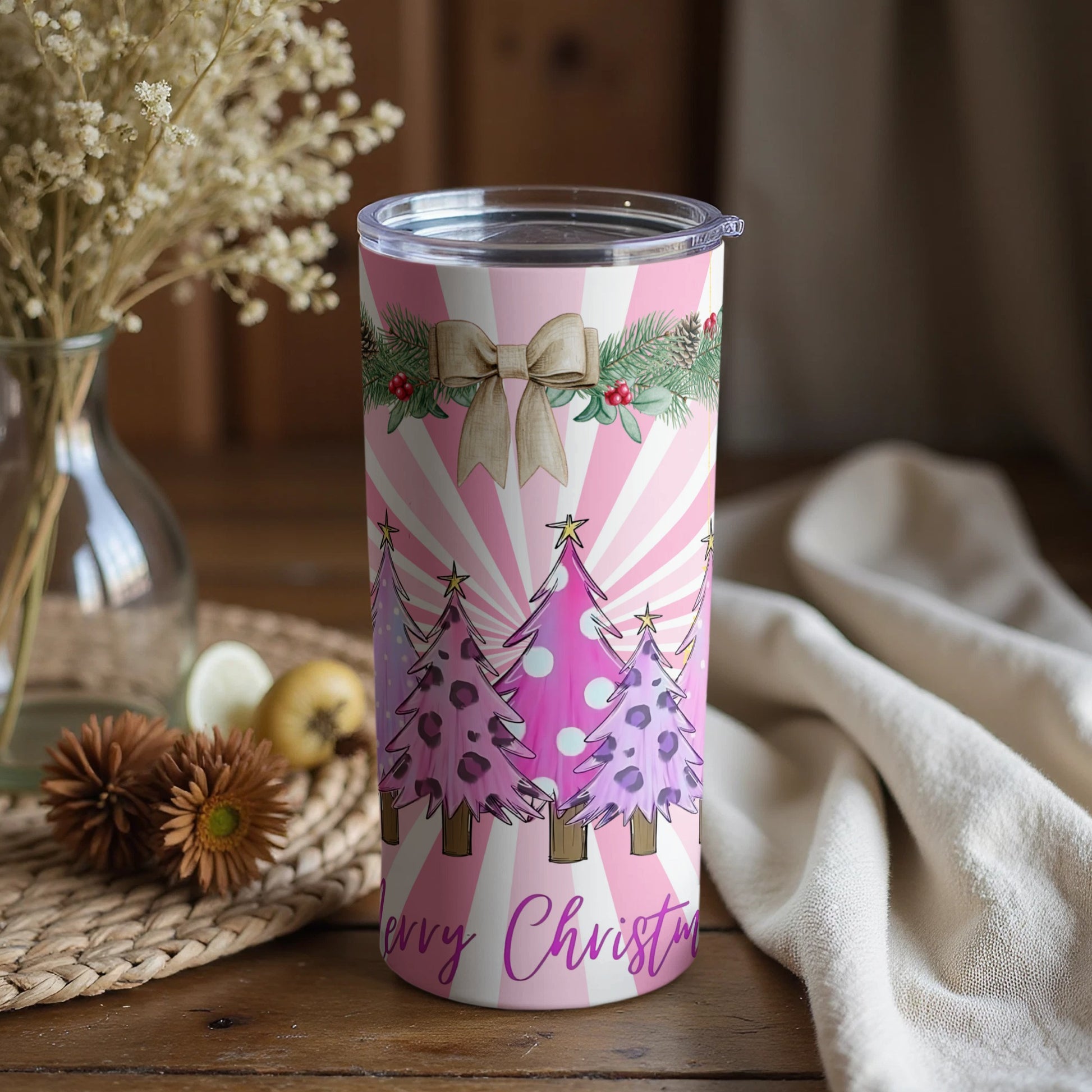 Pink Festive Christmas Tree Tumbler Stainless Steel Cup
