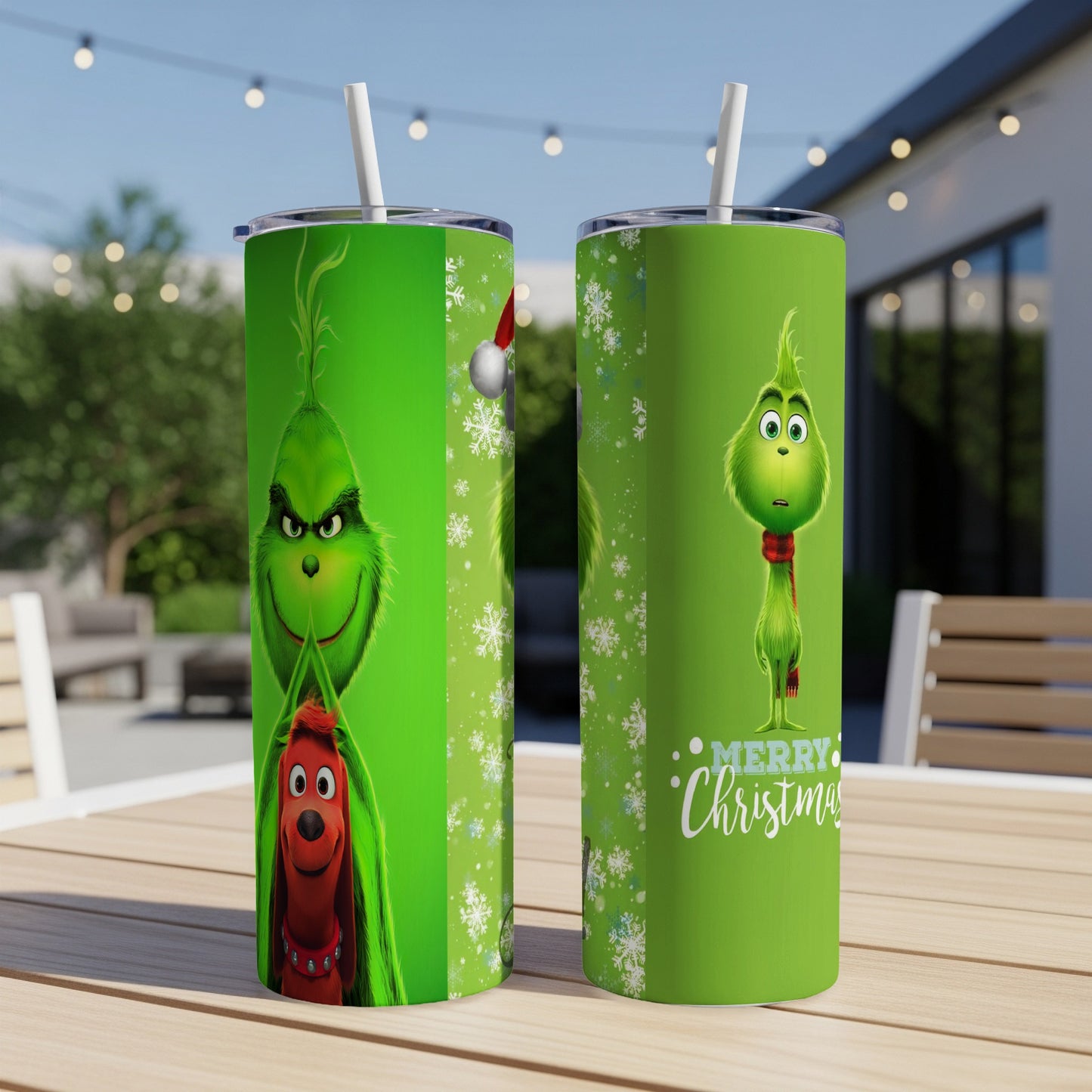 Two green Grinch-themed tumblers with Max, one reading "Merry Christmas".
