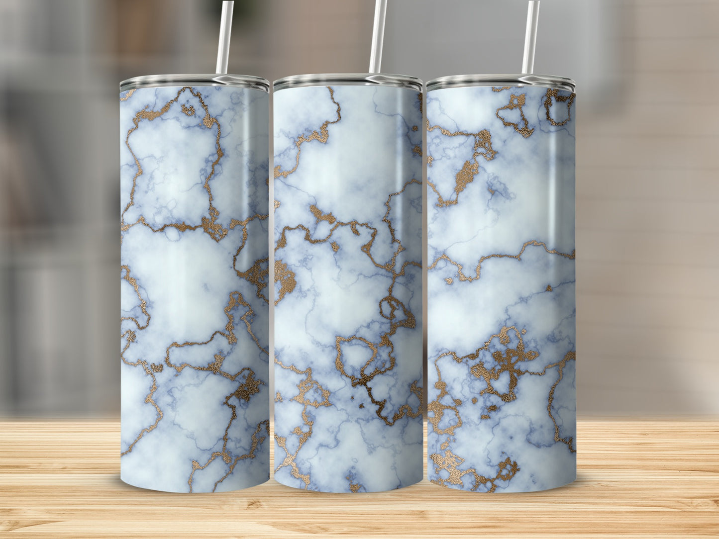 Golden Veins on Blue Marble Effect Background Tumblers