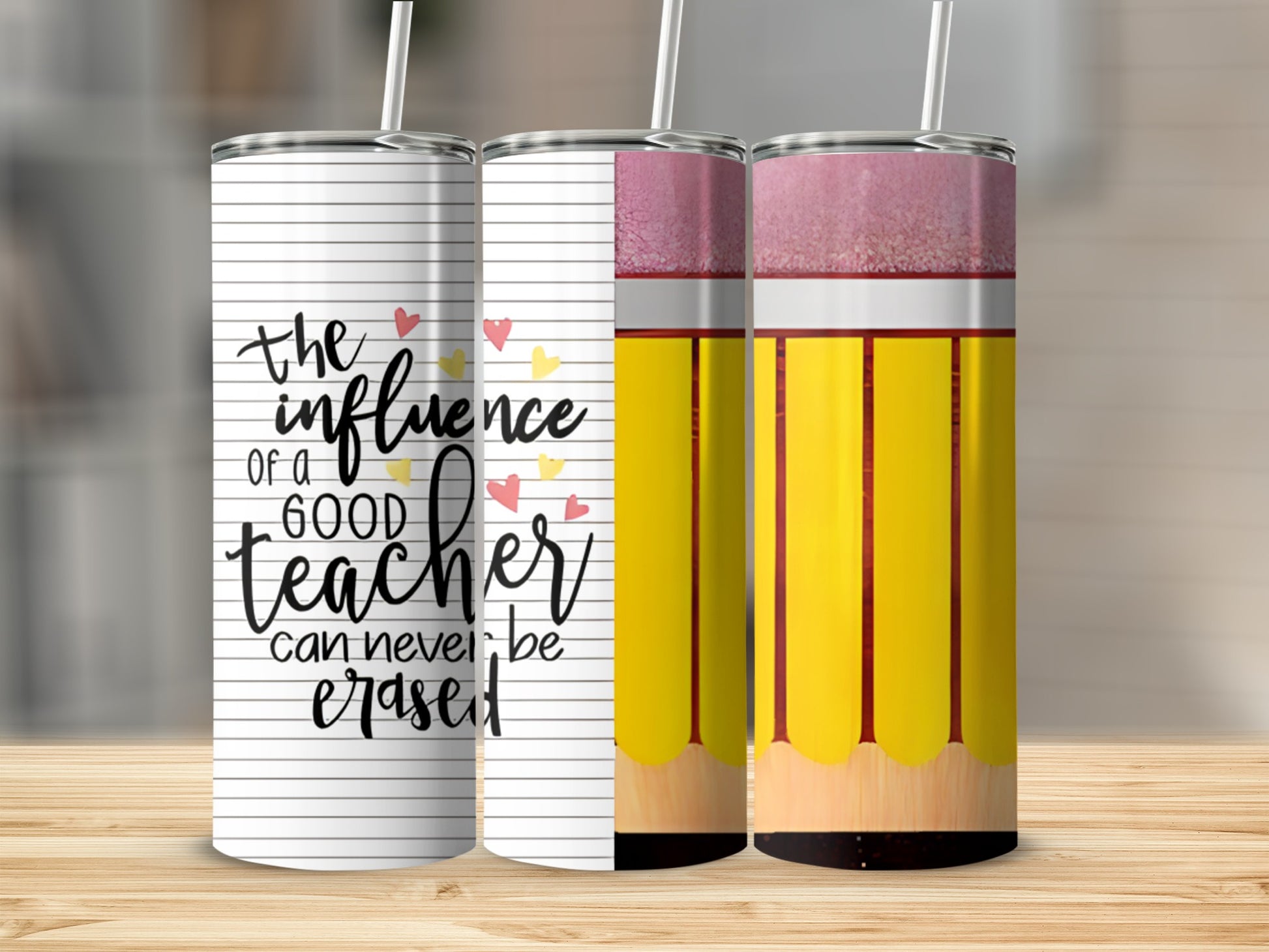 Teacher appreciation tumbler with pencil design and quote.
