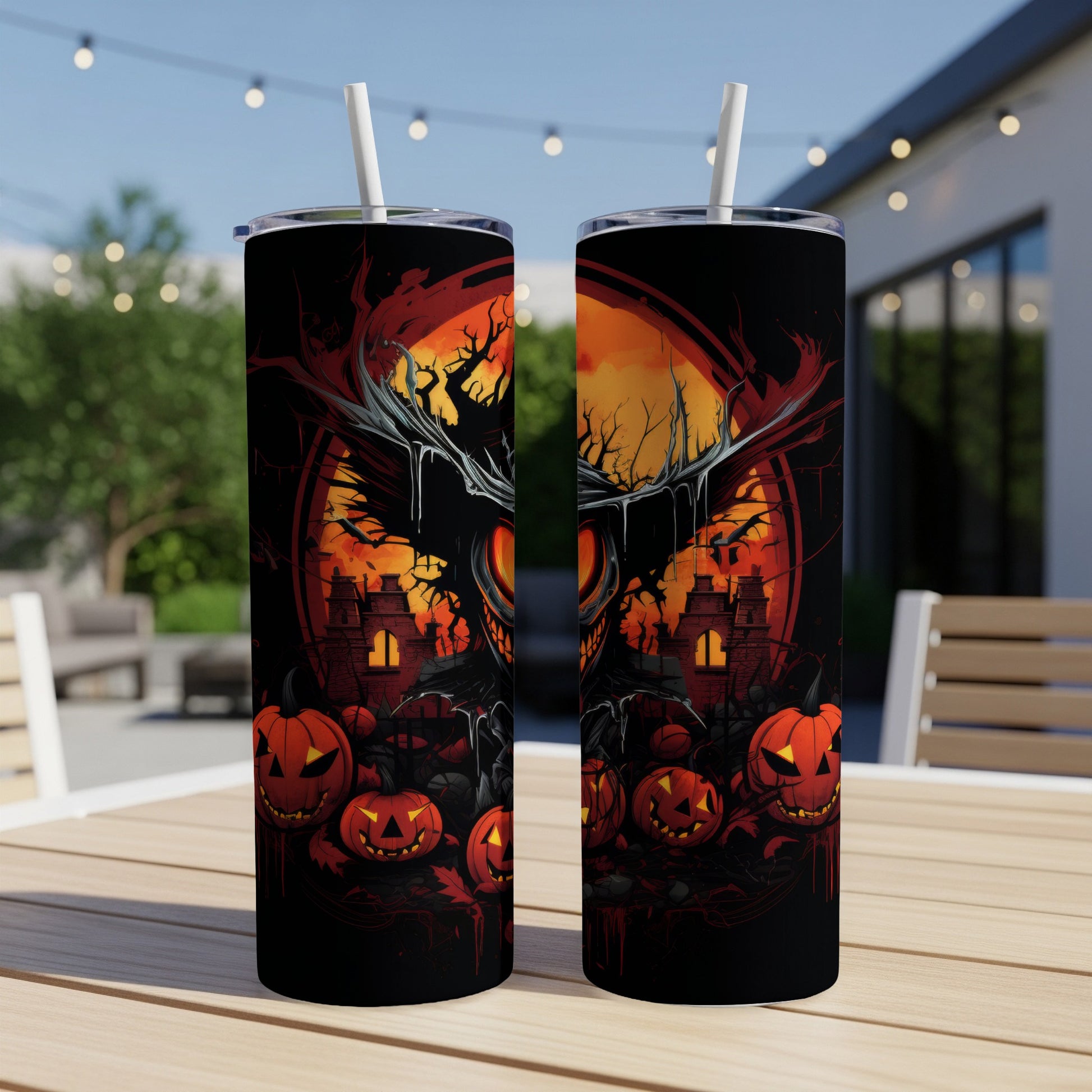 Two Halloween-themed tumblers with creepy jack-o'-lanterns and a haunted castle design.