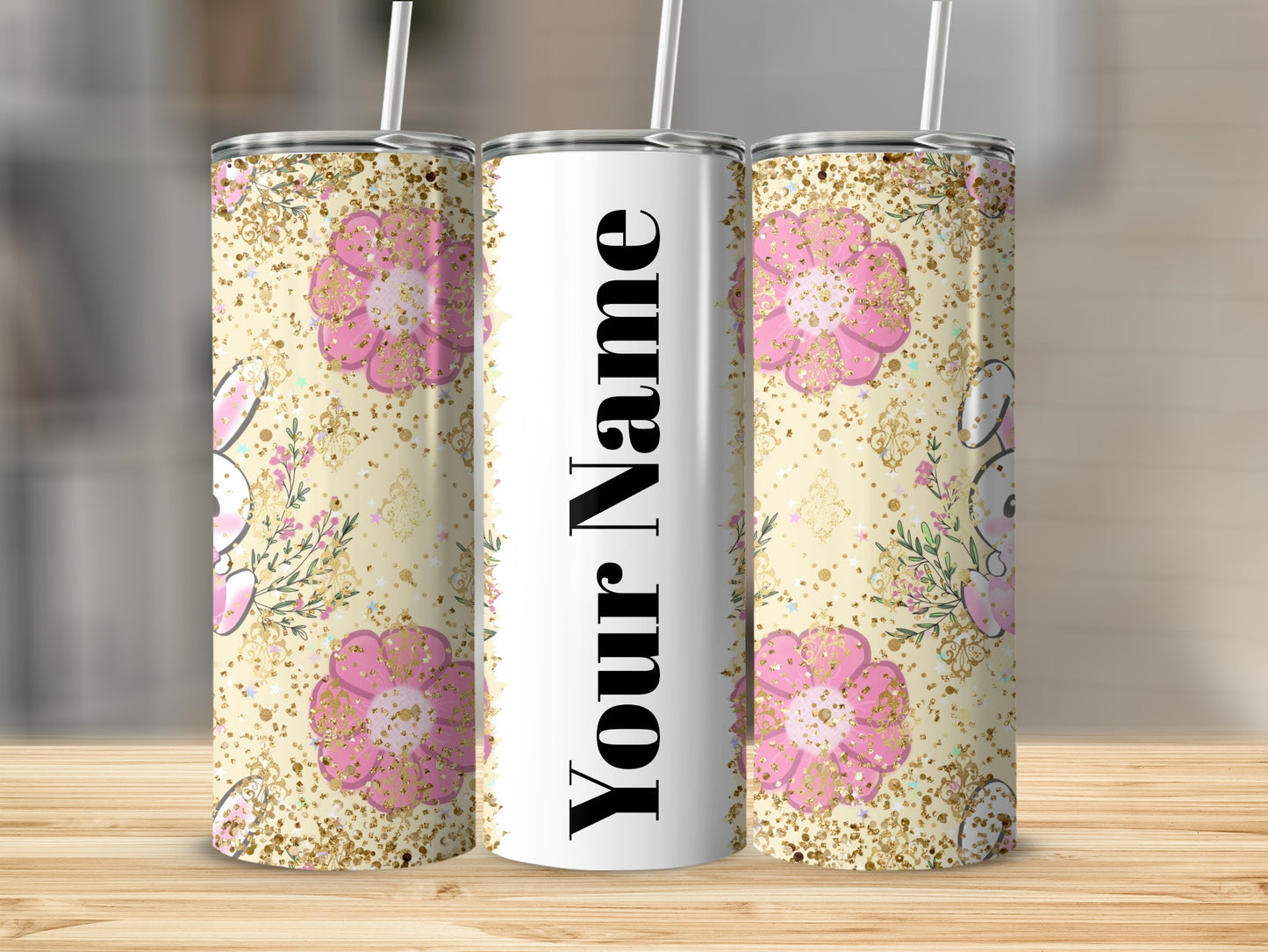 Personalized Floral Glitter Design Tumbler Cup