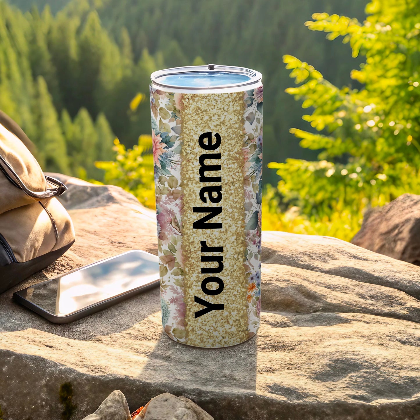 Personalized Floral Glitter Custom Tumbler for Outdoor Use