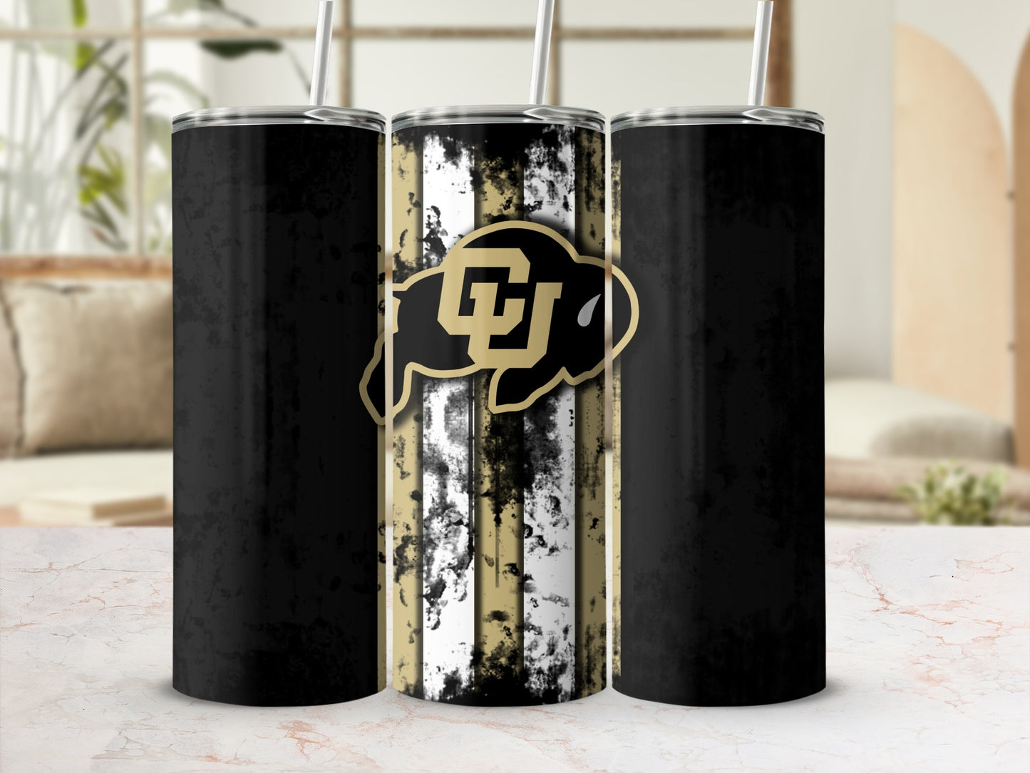 Three tumblers with black, white, and gold distressed stripes and a gold buffalo logo.