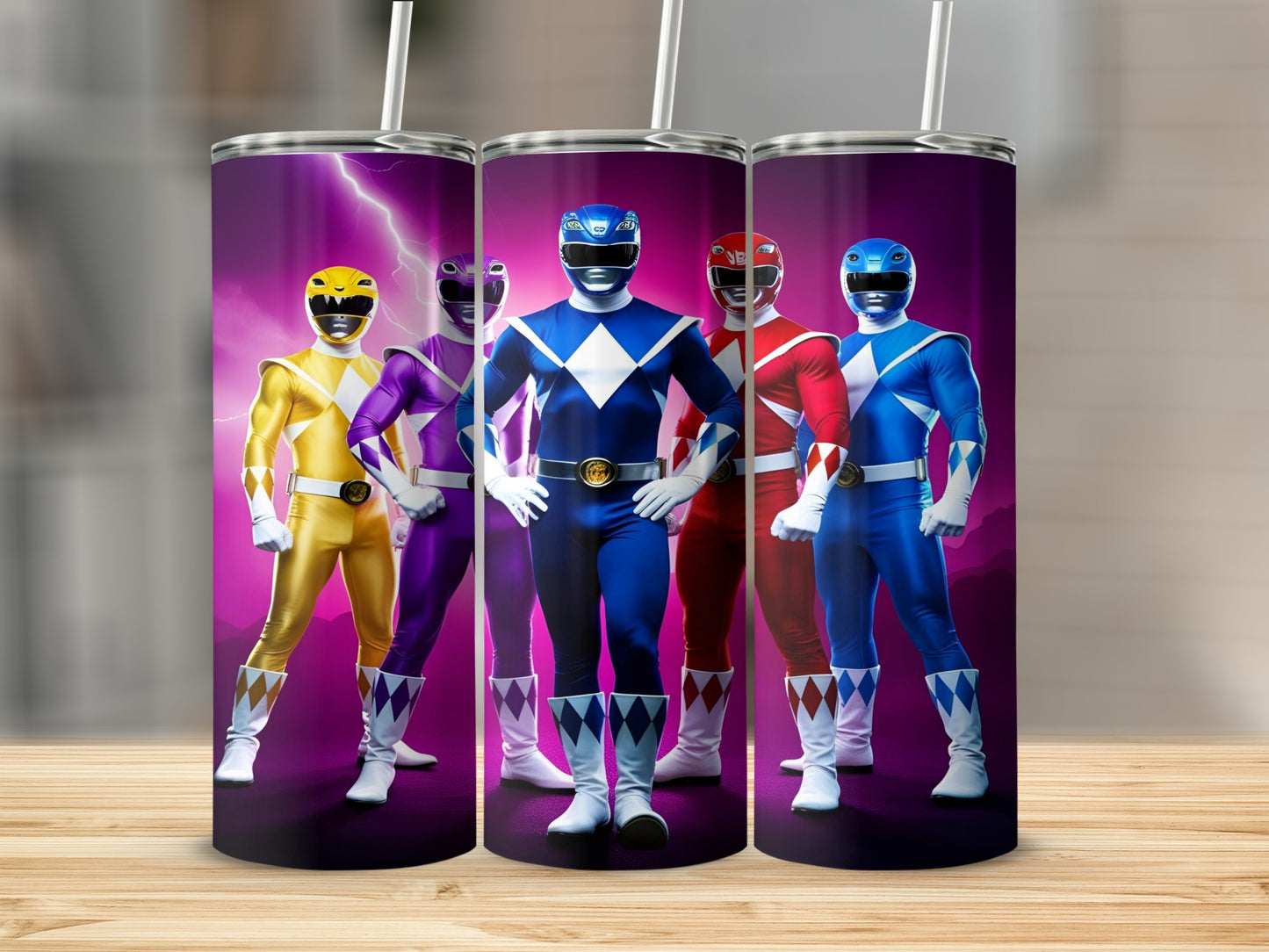 Five Mighty Morphin Power Rangers in their colored suits with lightning.