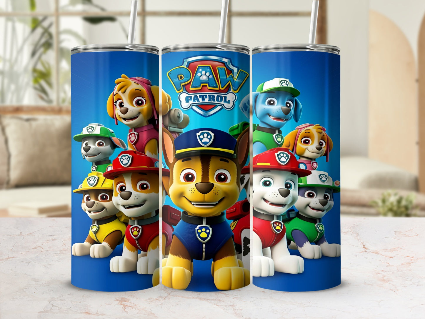 Paw Patrol characters on blue tumblers with Paw Patrol logo.