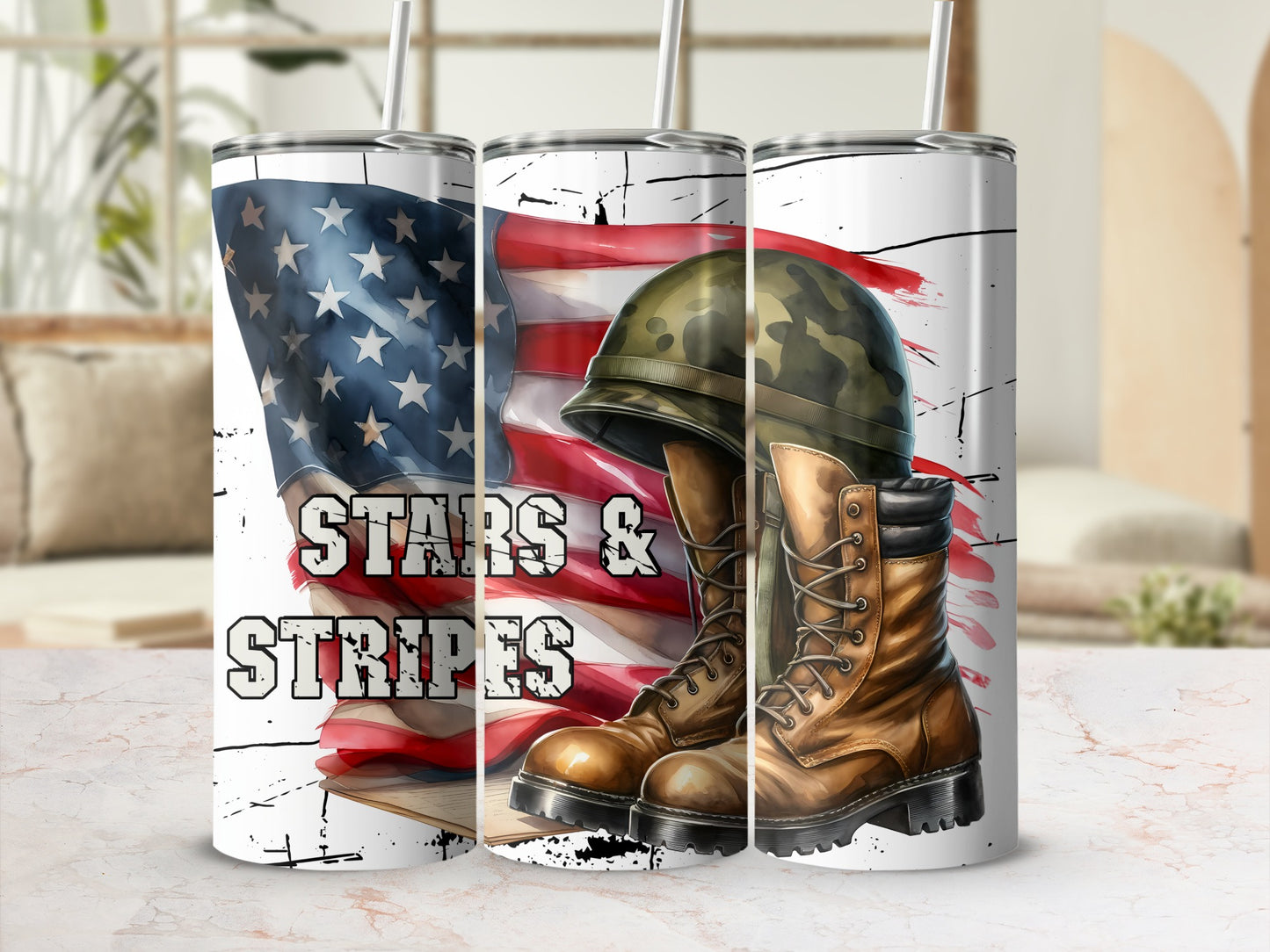 Stars and Stripes tumbler with military boots and American flag design.