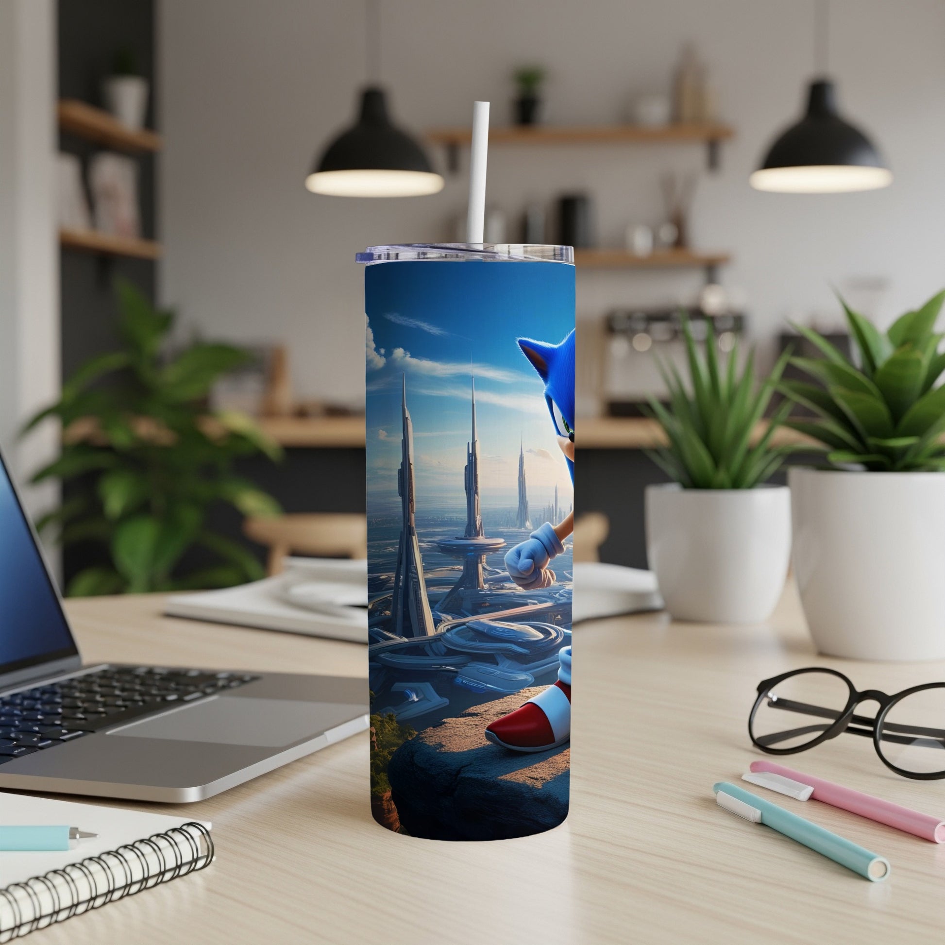 Sonic the Hedgehog in a futuristic city on a tumbler.