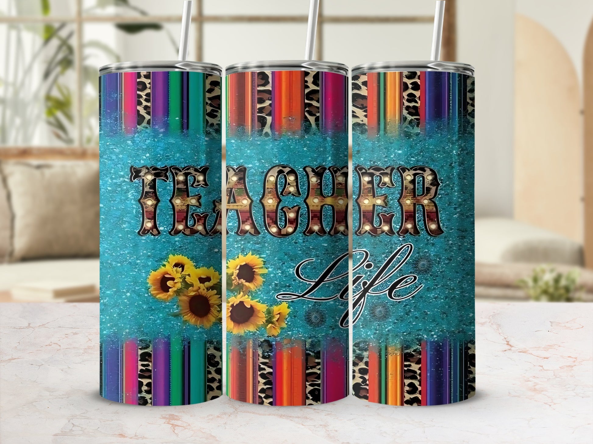 Teacher Life Sunflower Tumbler Colorful Stripes
