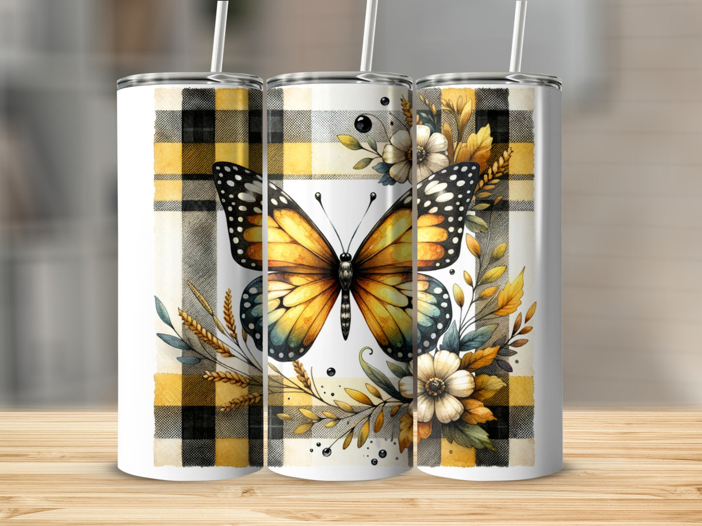 Tumble with yellow butterfly, plaid, and floral accents.