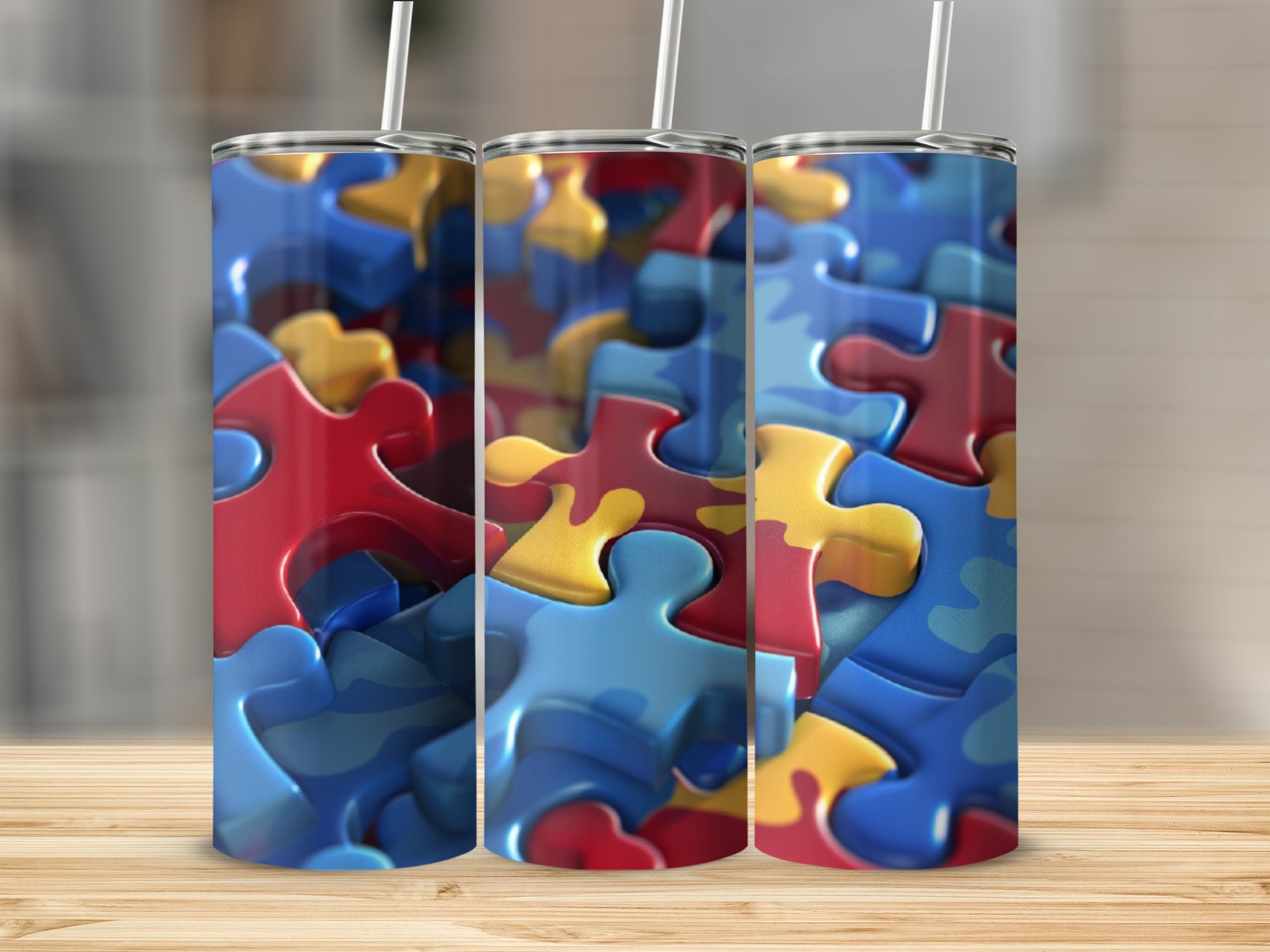 Three tumblers with a repeating puzzle piece pattern in red, blue, and yellow.