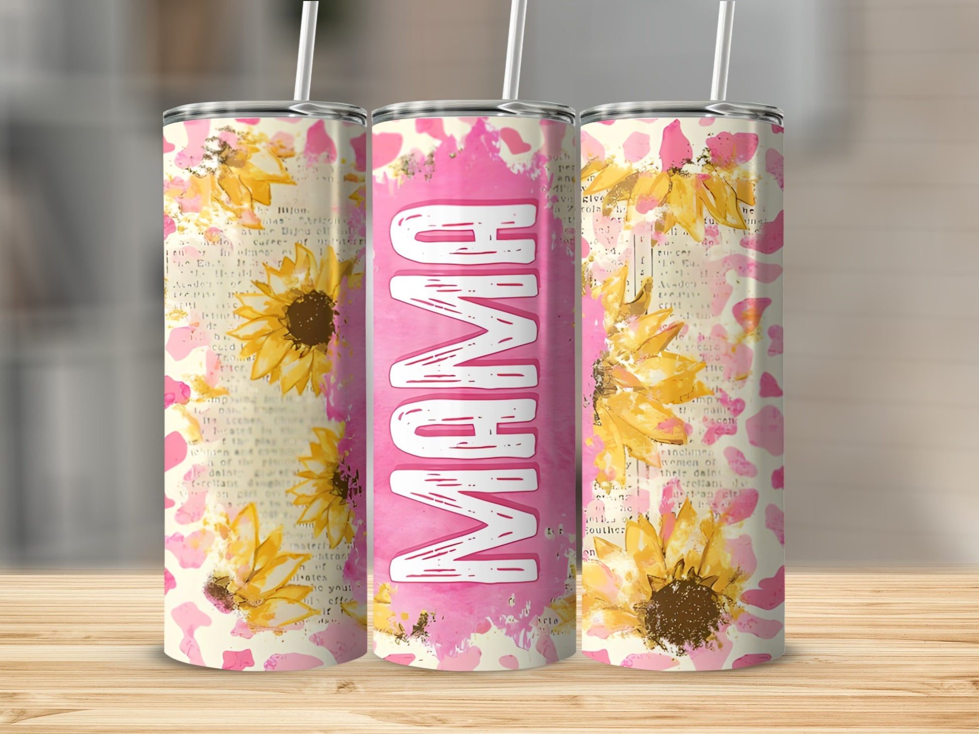 Three tumblers with "MAMA" and sunflowers on a pink and yellow patterned background.