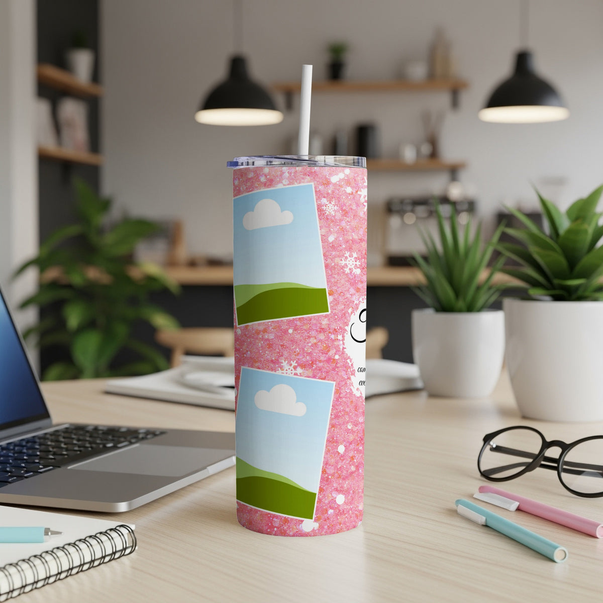 Pink glitter tumbler with two photo frames and snowflake accents.