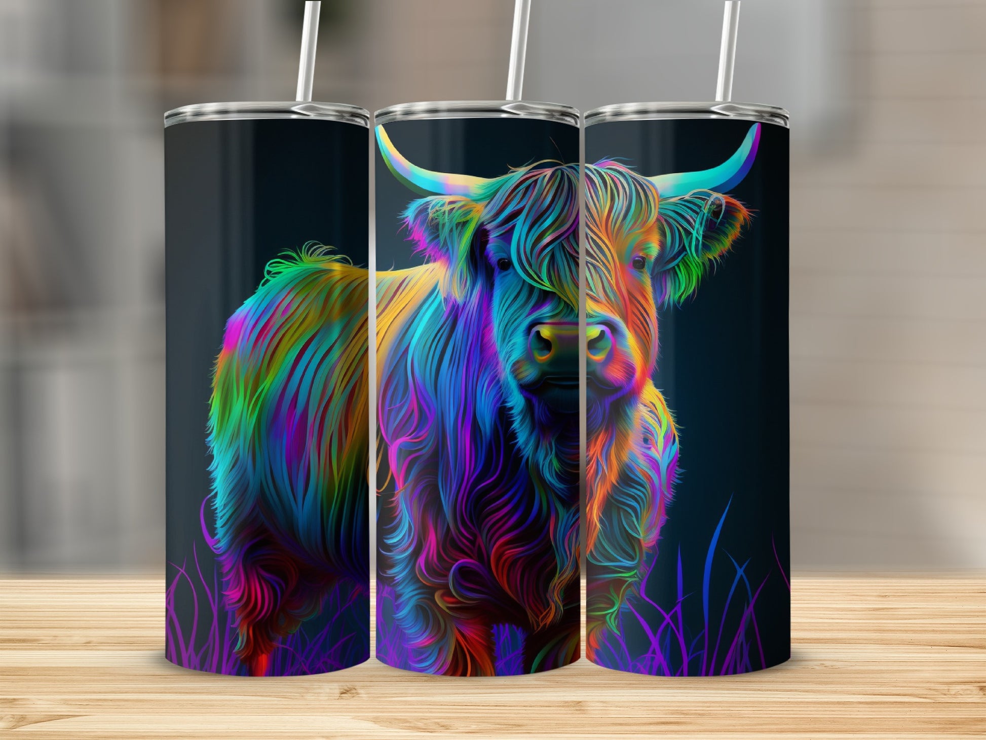Colorful highland cow tumbler with straw on wooden surface
