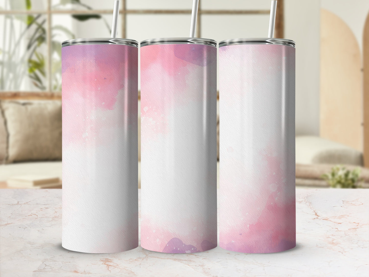 Three tall tumblers with a watercolor wash of pink and purple.