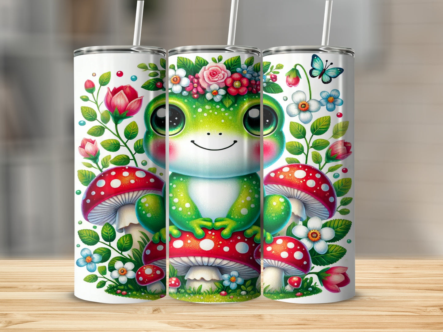 Cute Frog with Floral and Mushroom Artwork Tumbler