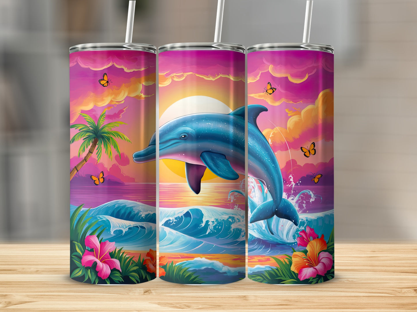 Dolphin jumping from ocean waves at sunset with tropical flowers and butterflies.