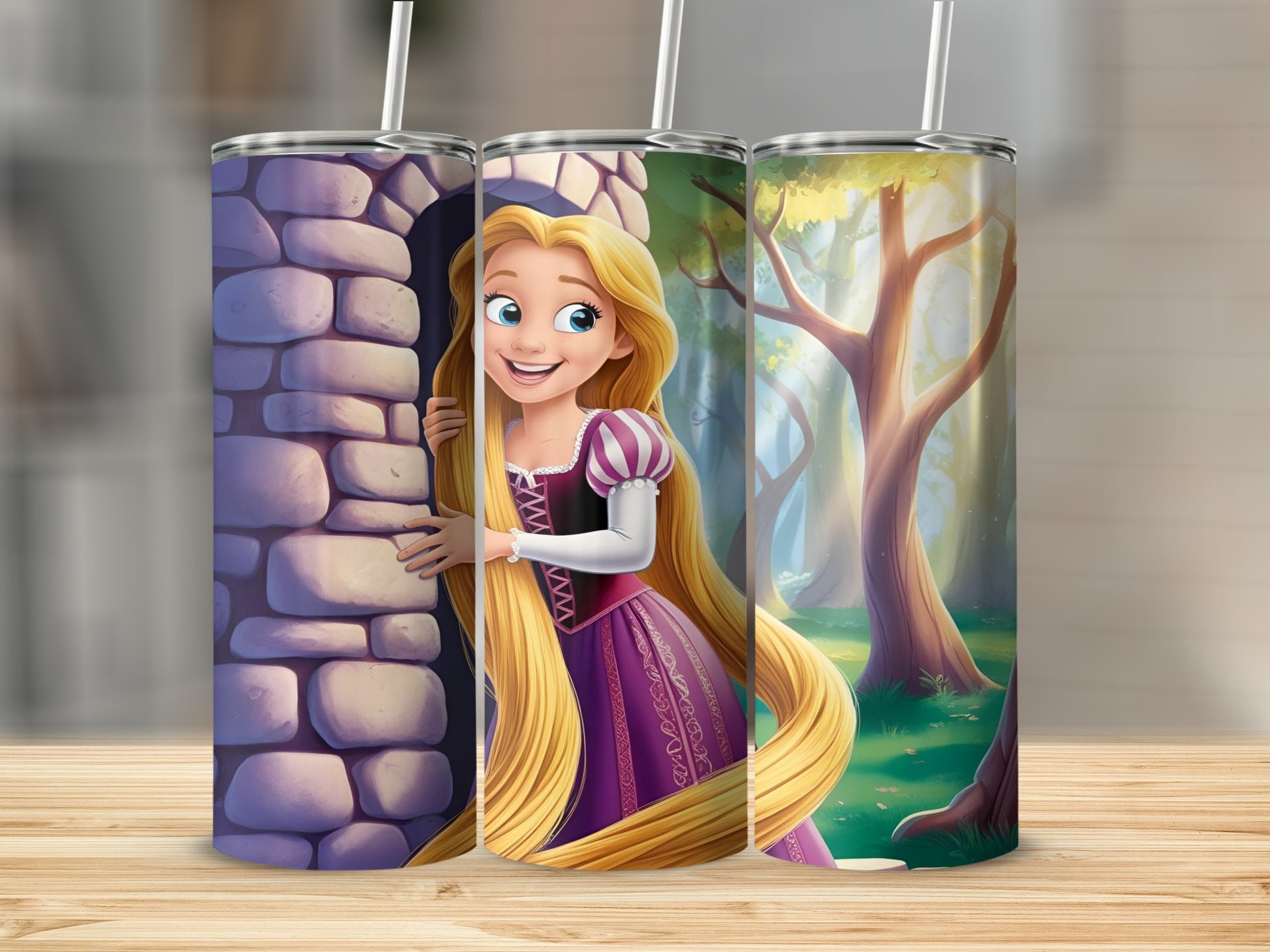 Rapunzel peeking from behind a stone tower in a forest setting.