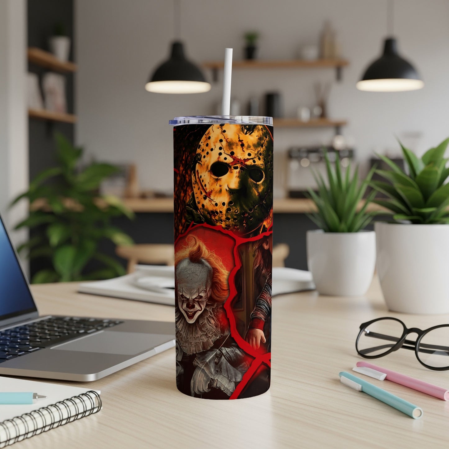 Tumbler featuring Freddy Krueger, Jason Voorhees, and Pennywise.