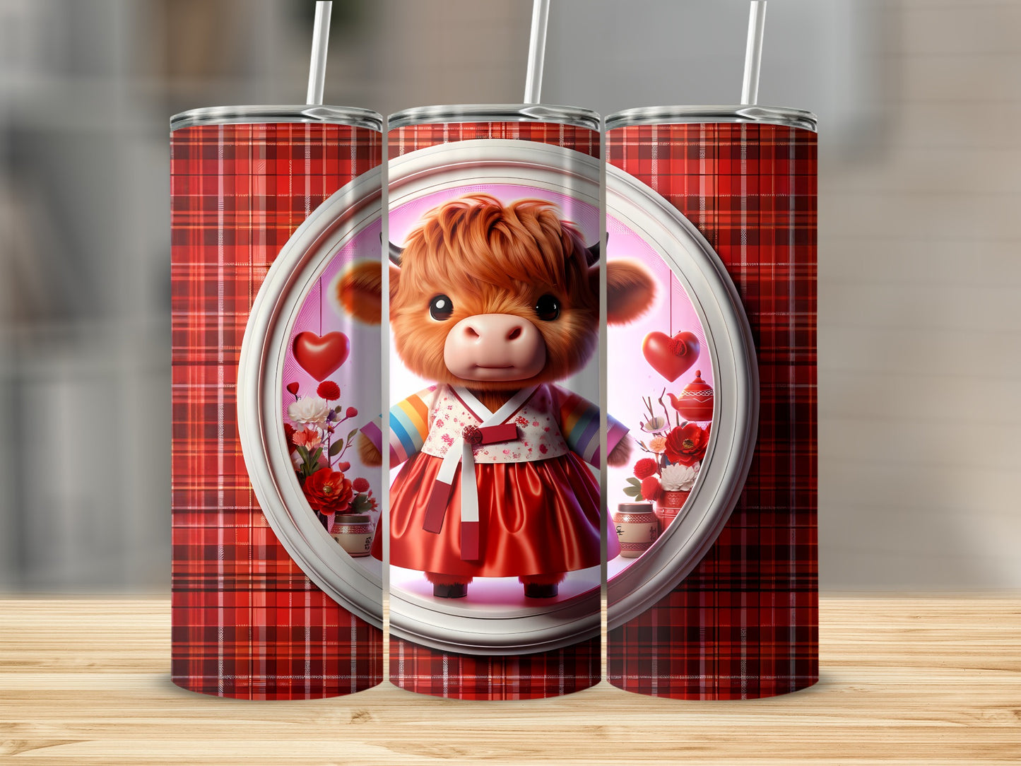 Highland cow in a red dress and colorful vest with hearts and flowers.