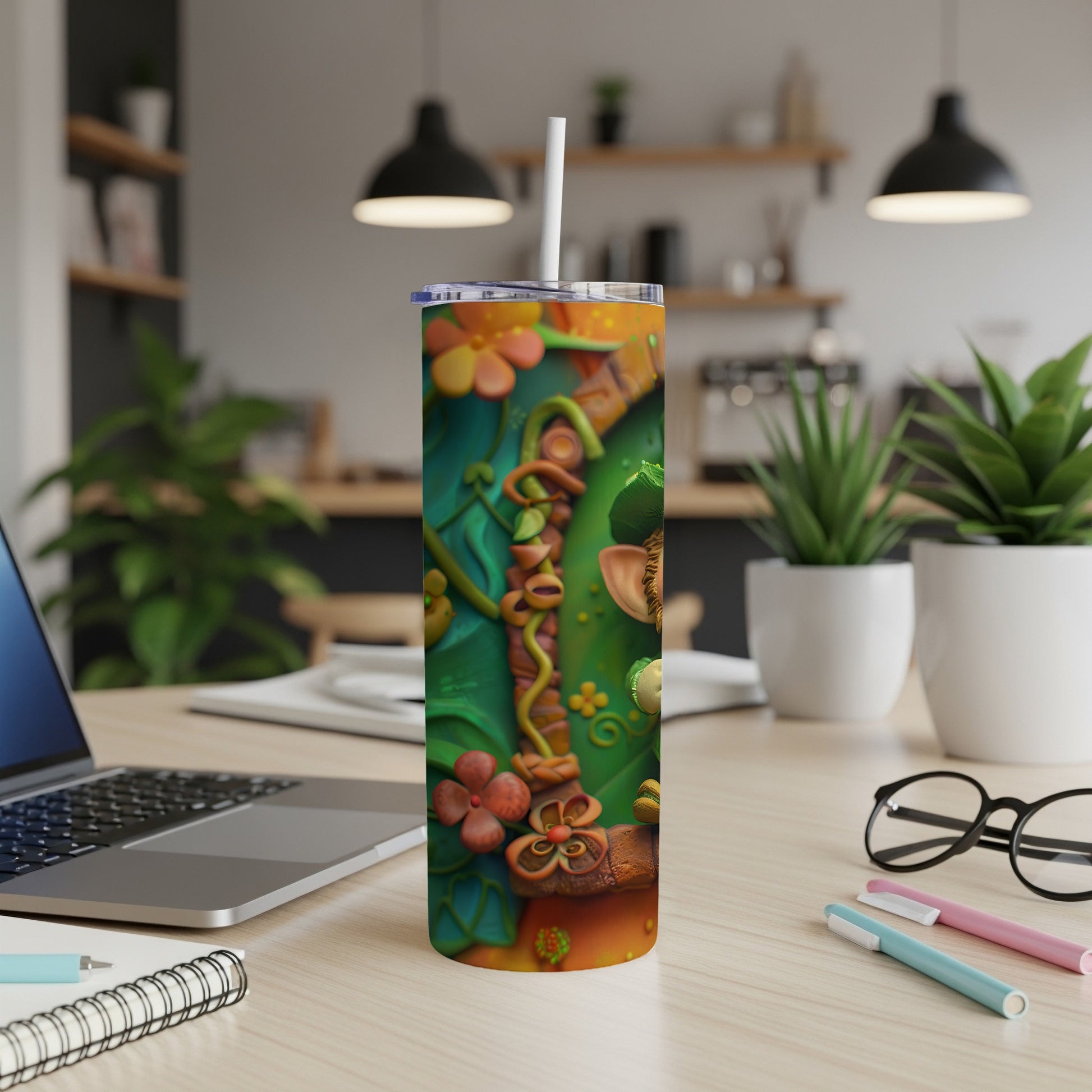 Tumbler with a whimsical woodland fairy design in vibrant colors.