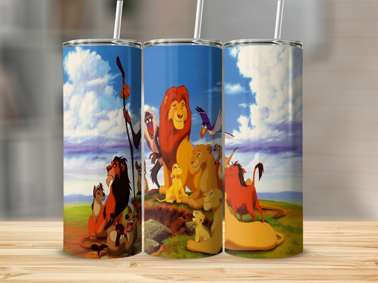 The Lion King characters Simba, Nala, Mufasa, Timon, Pumbaa, and Zazu on a tumbler.