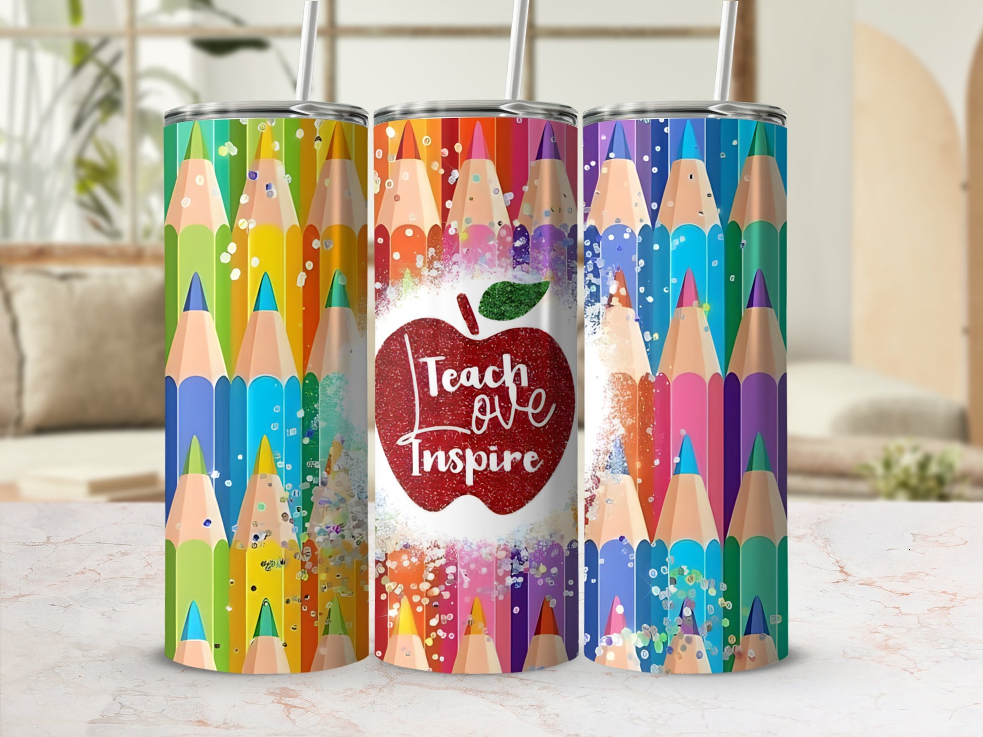 Teacher tumbler with colorful pencils and "Teach Love Inspire" text.