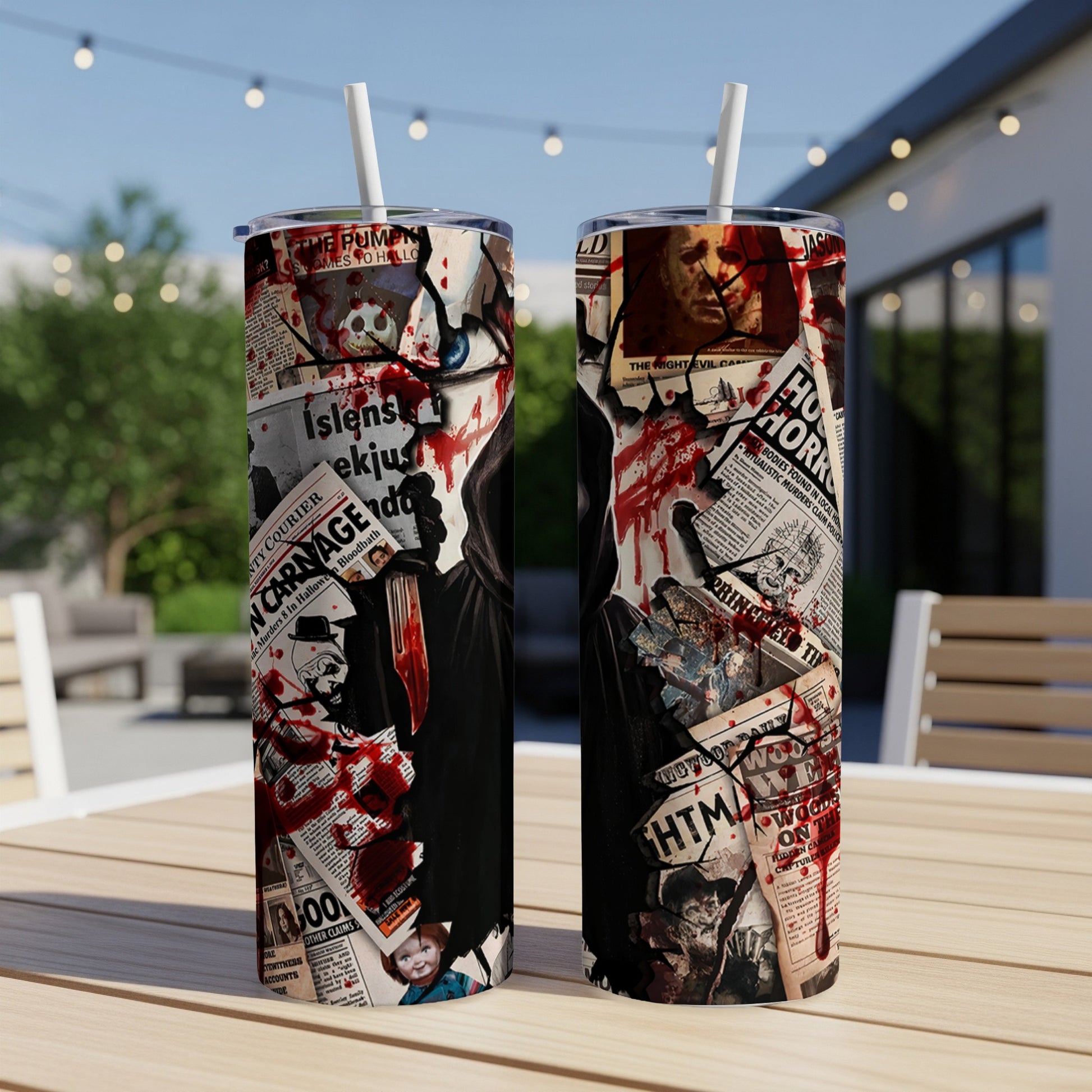 Two tumblers with Halloween-themed newspaper collage featuring a masked killer.