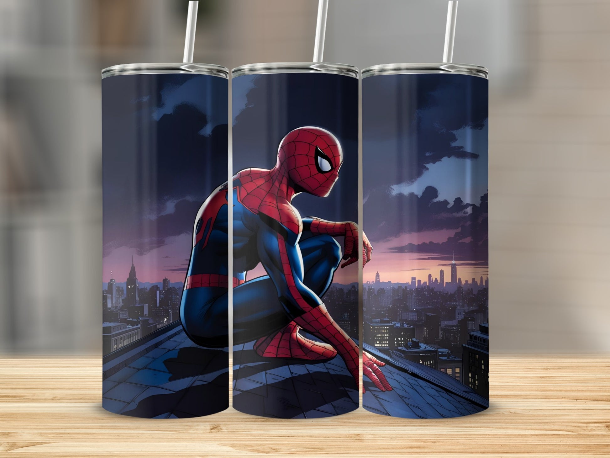 Spider-Man crouches on a city rooftop against a twilight sky.