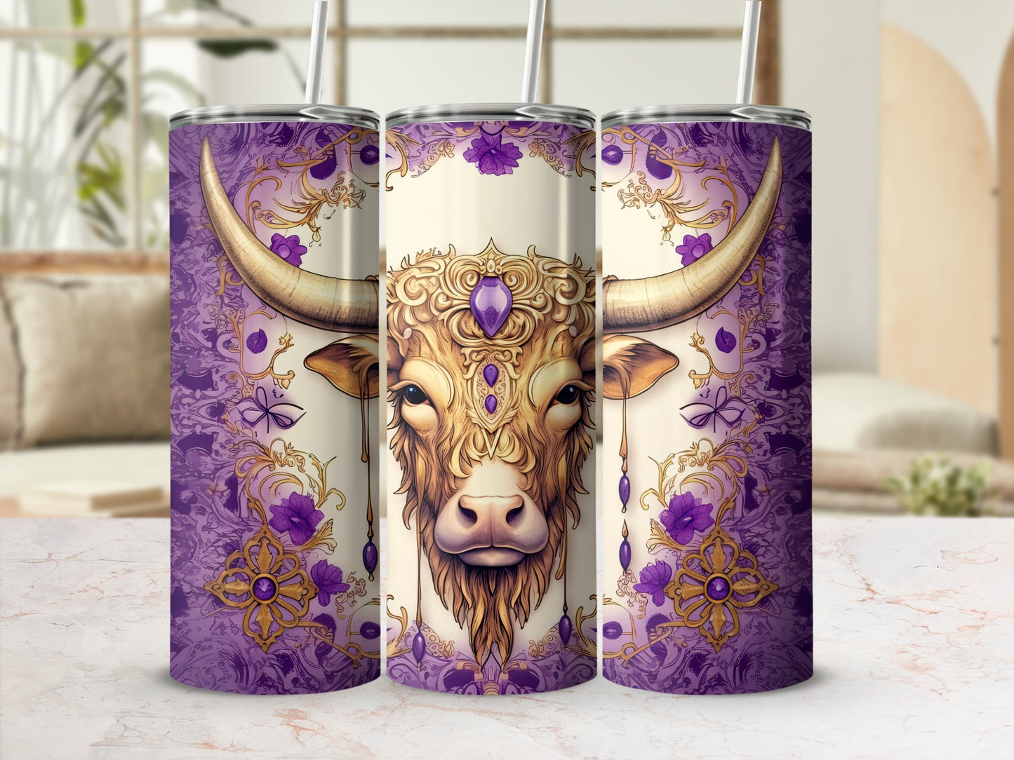 Taurus astrological symbol on purple patterned tumbler with straw.