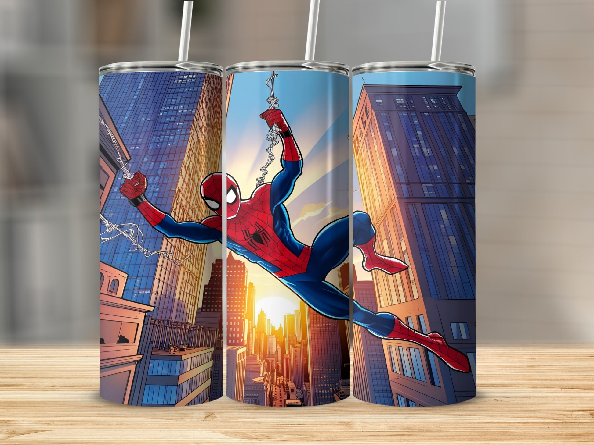 Spiderman swinging between buildings at sunset on a tumbler.