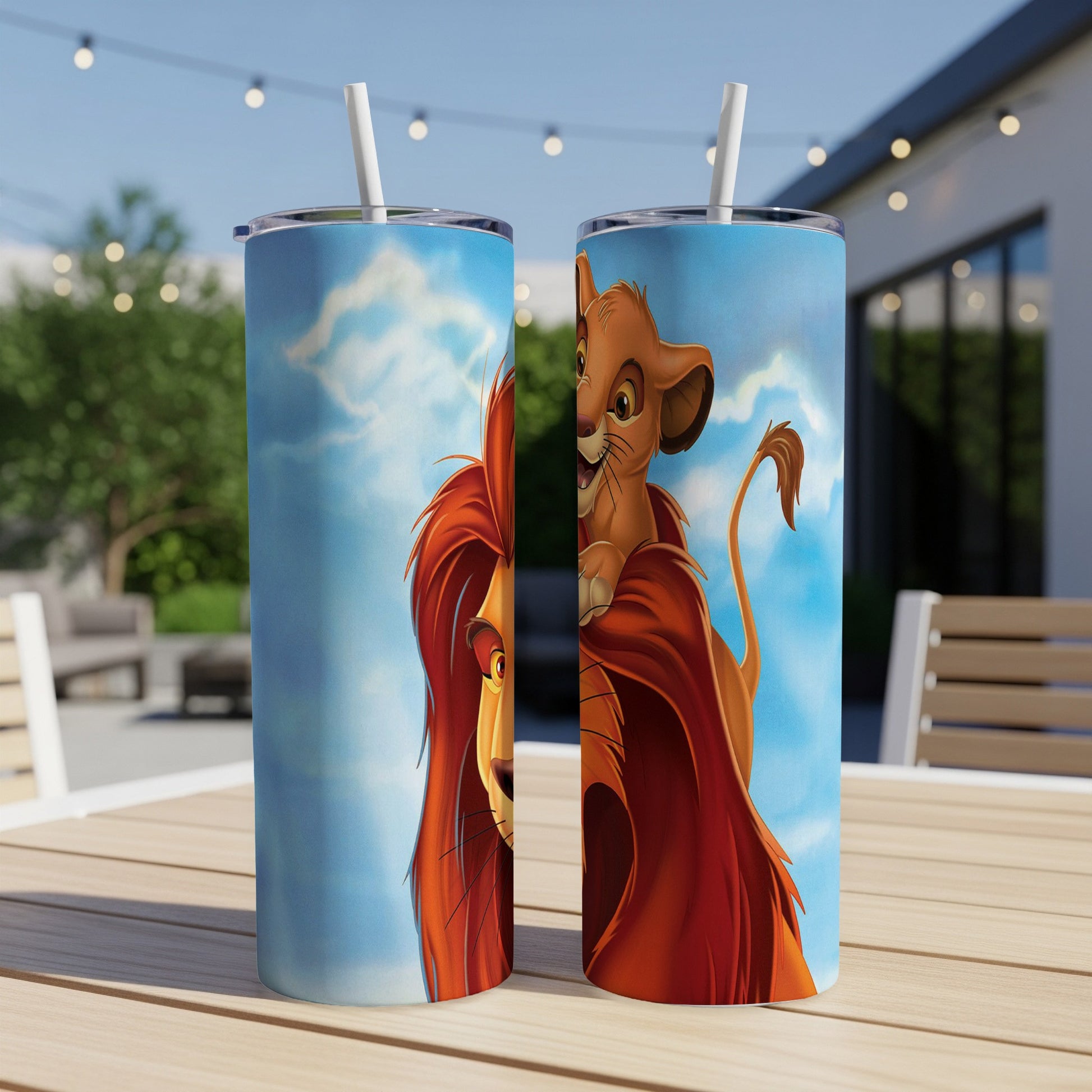 Two tumblers featuring Simba and Mufasa from The Lion King against a blue sky.