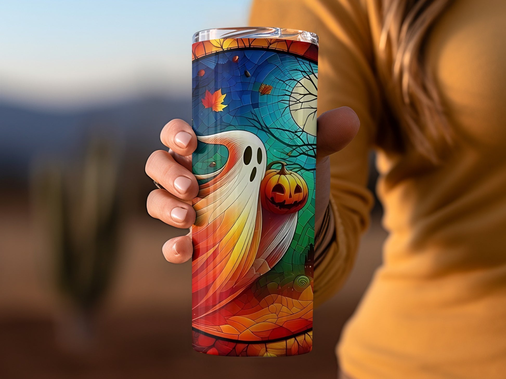 Colorful Halloween Themed Ghost and Pumpkin Tumbler