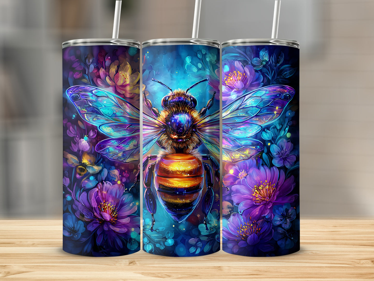 Vibrant Floral Bee Illustration on Artistic Tumbler