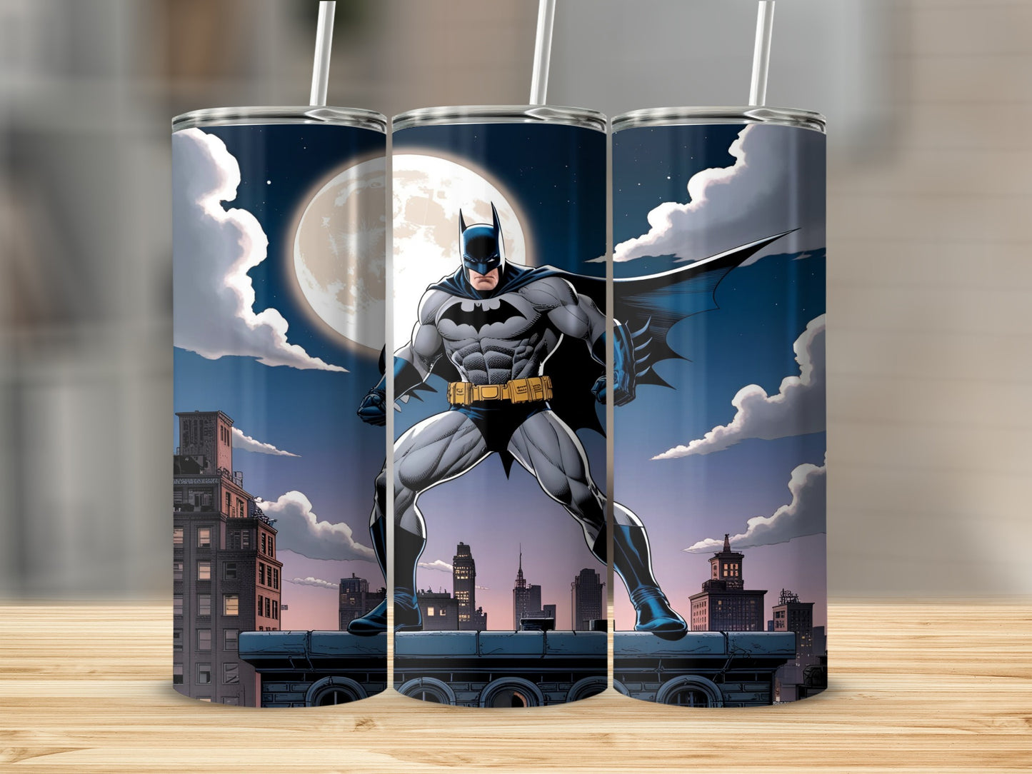 Batman standing on a rooftop with a full moon and cityscape background.