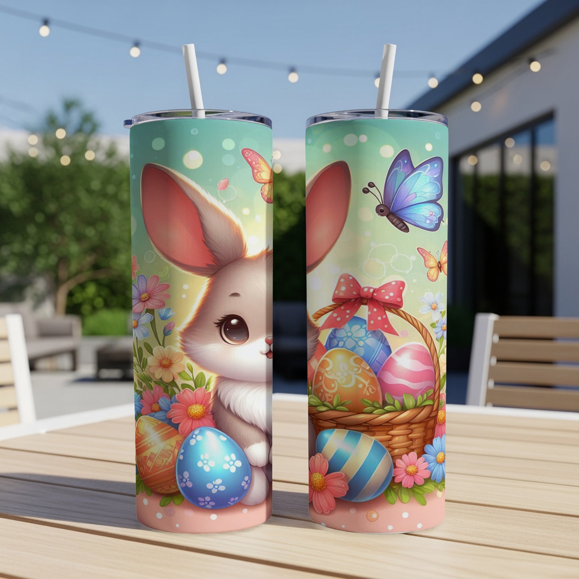 Easter bunny with basket of eggs and flowers, surrounded by butterflies.