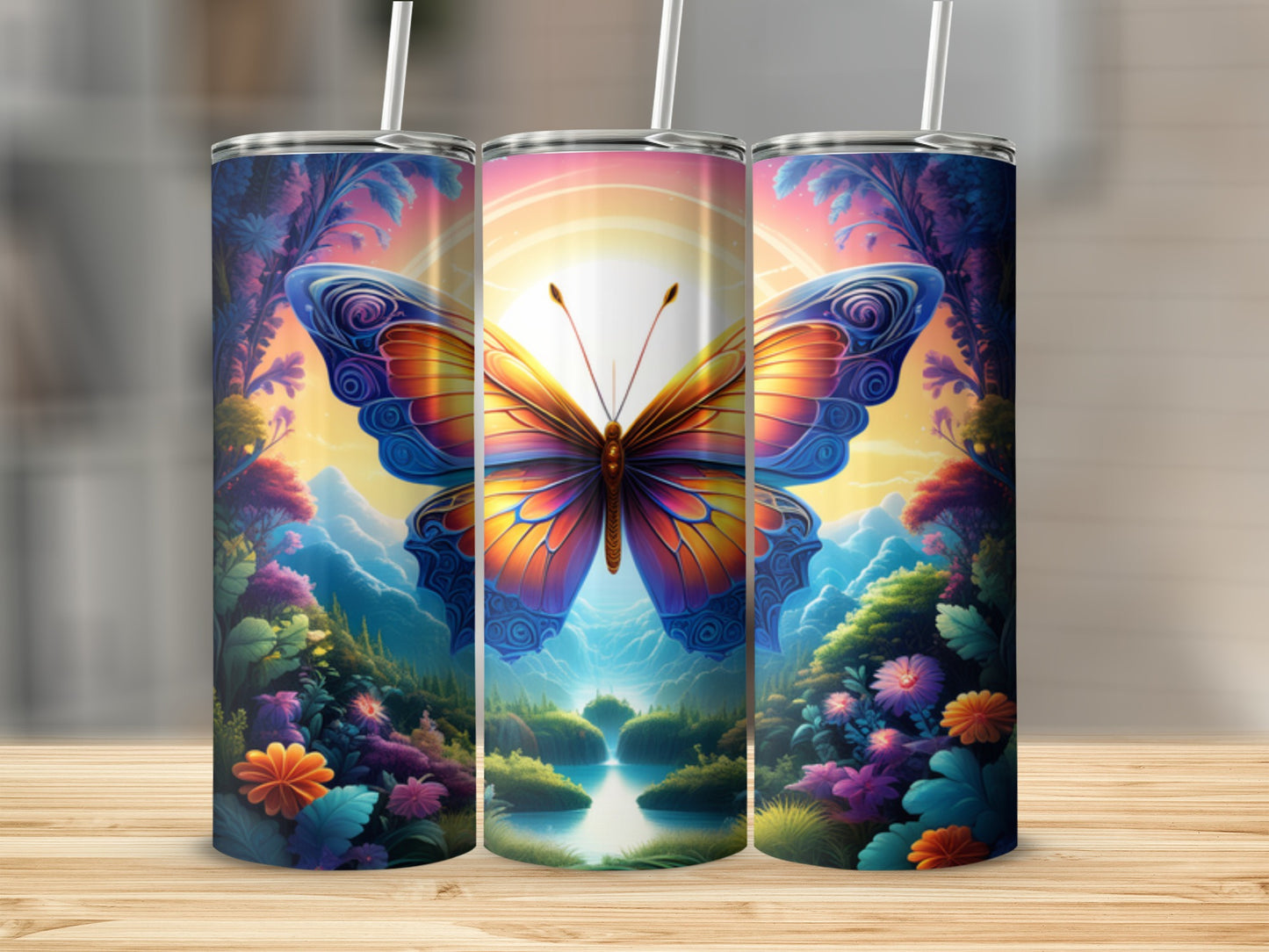 Rainbow butterfly over a colorful landscape with mountains and a pond.