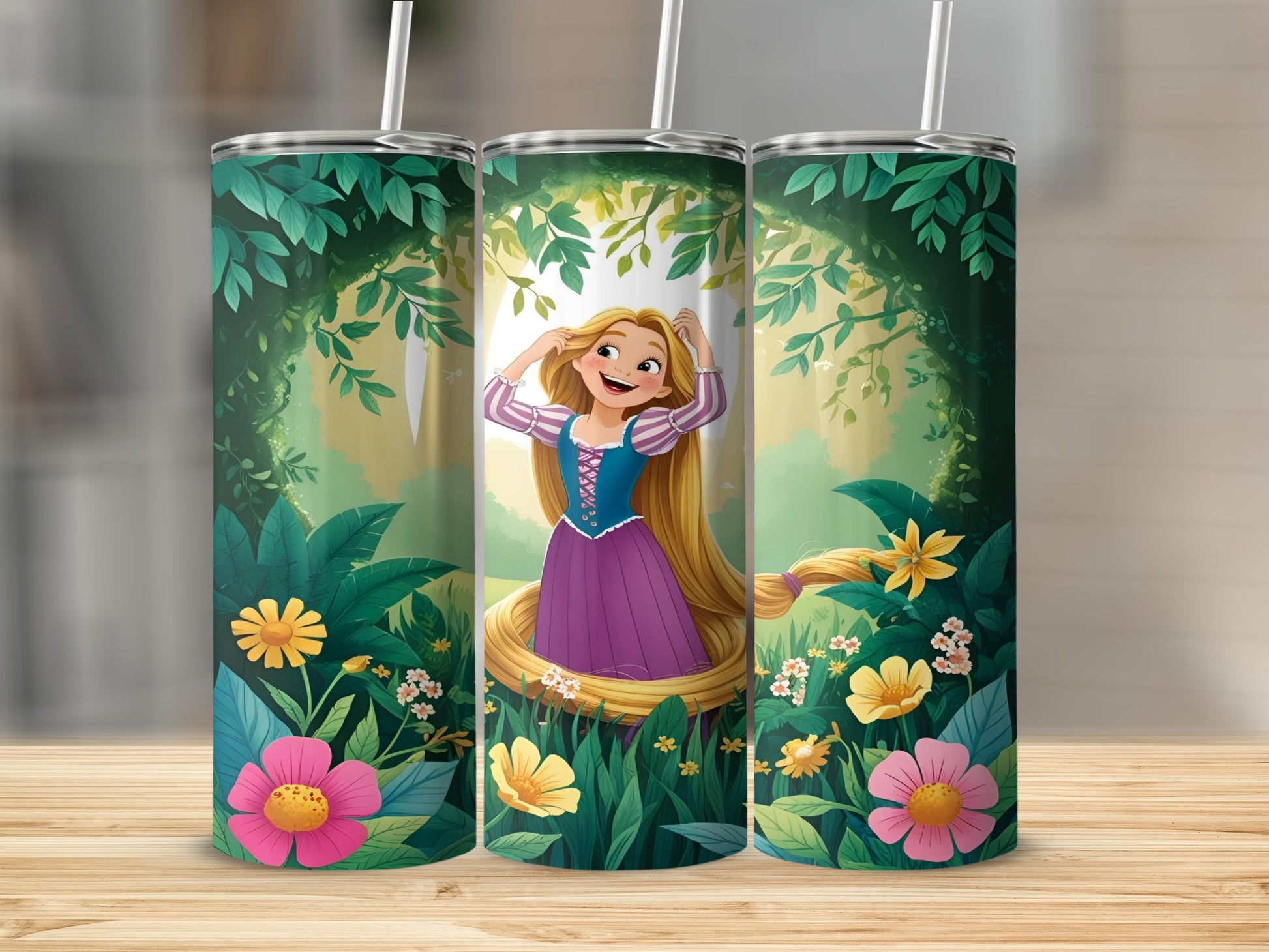 Tangled Rapunzel in enchanted forest with flowers on a 20oz tumbler.