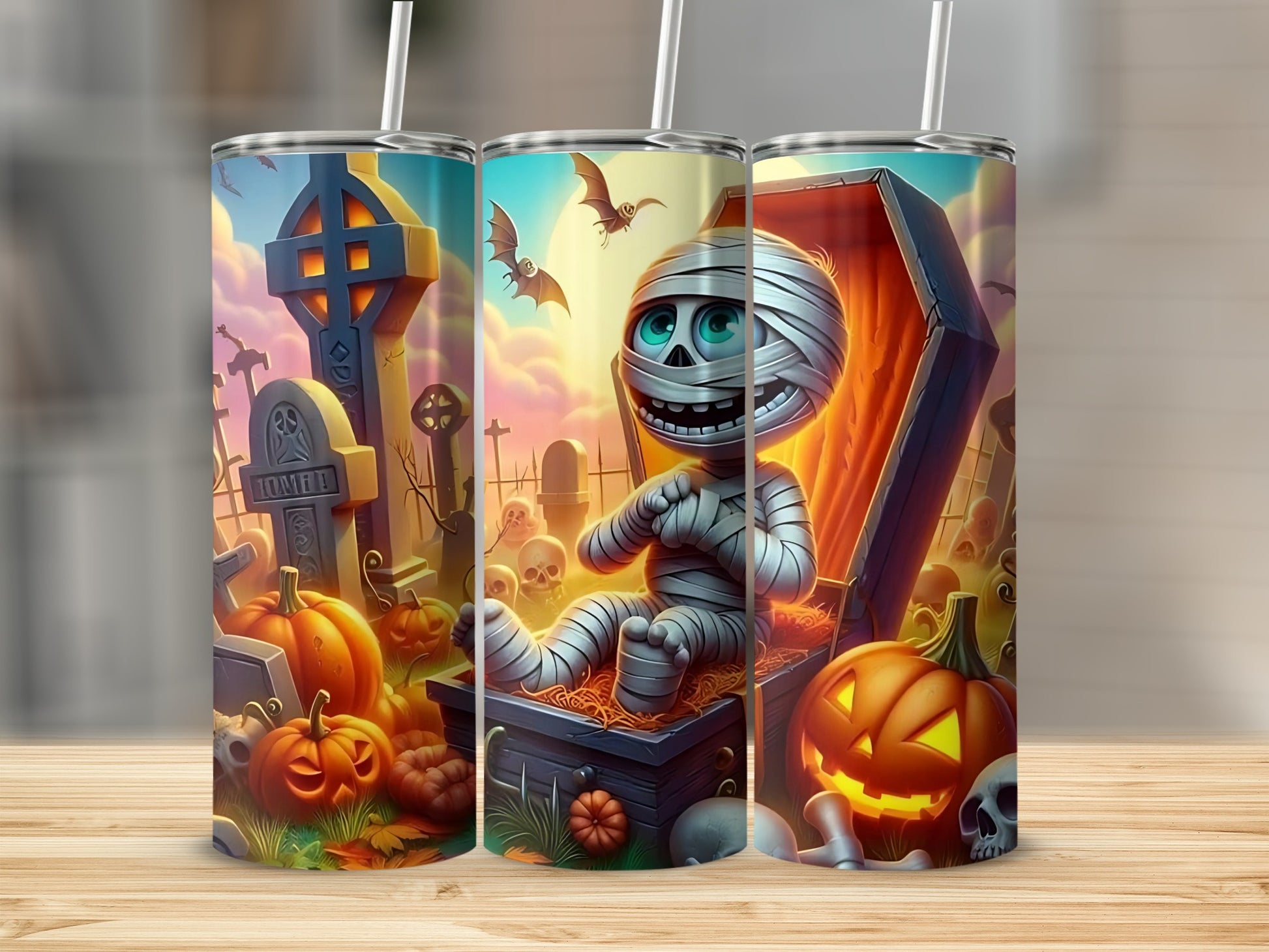 Mummy in Coffin and Pumpkin Halloween Tumbler Design