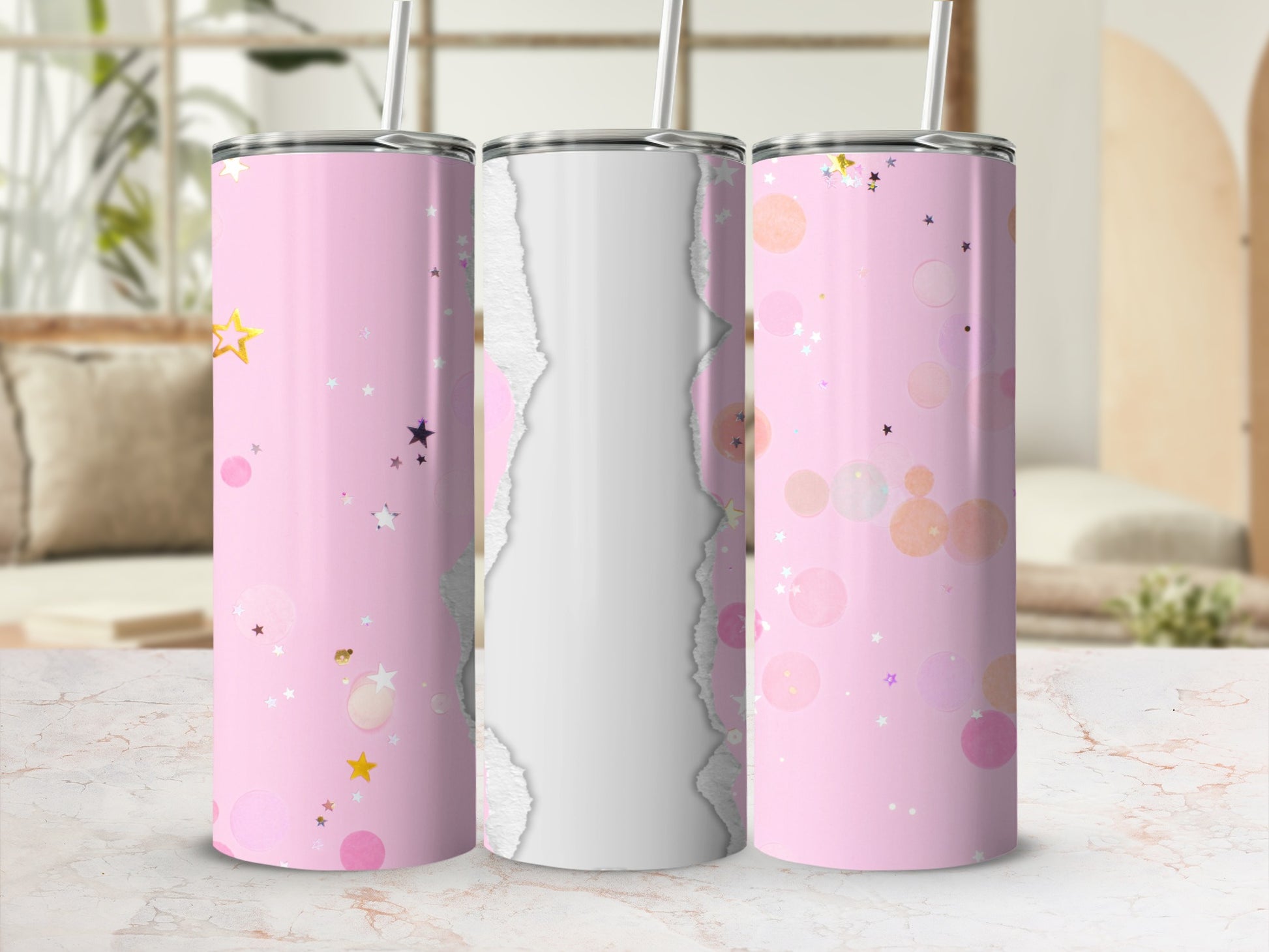 Pink tumbler with stars, glitter, and circles, blank center panel.