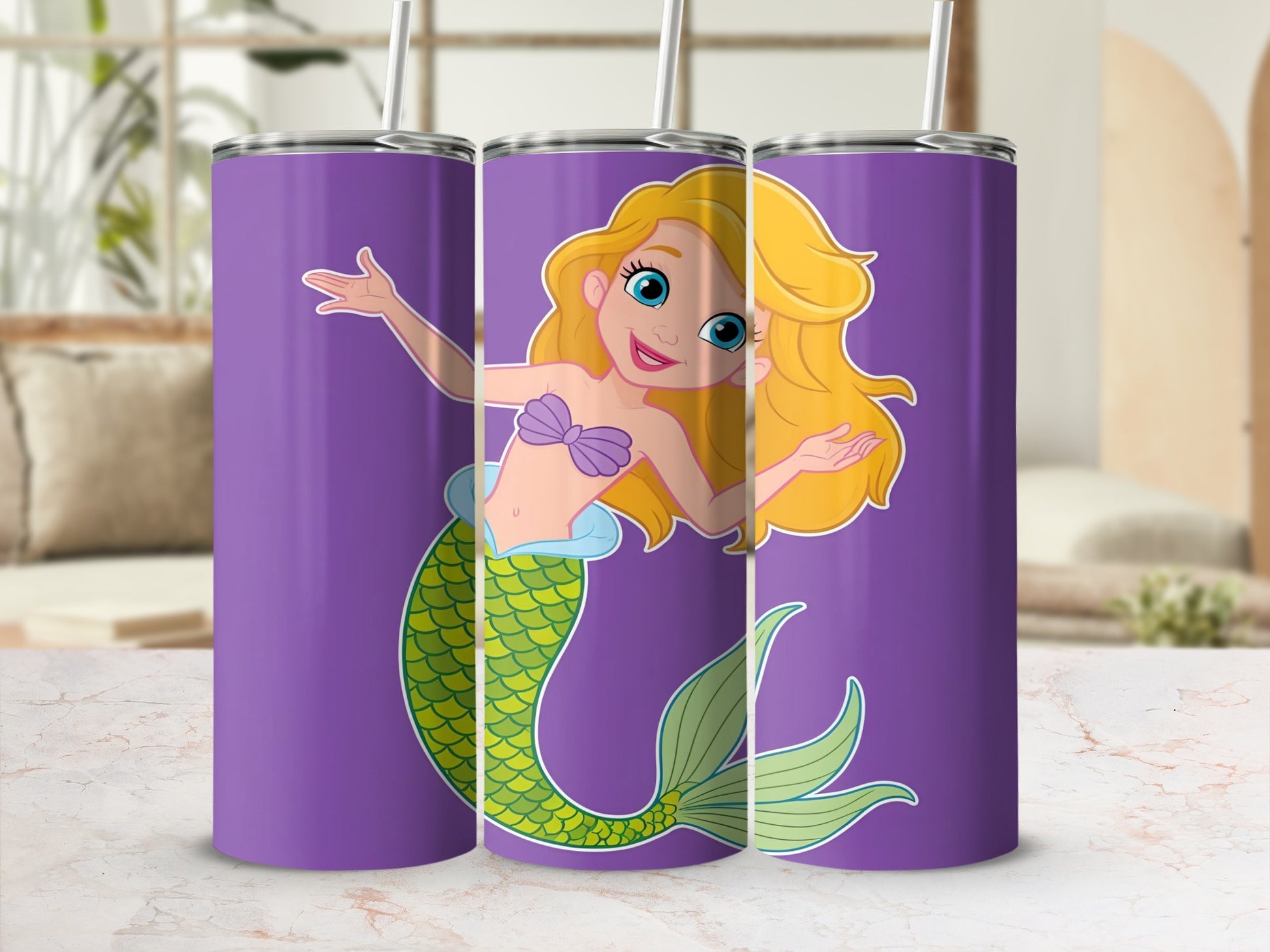 Purple tumbler with cartoon blonde mermaid wearing a seashell bra and green tail.