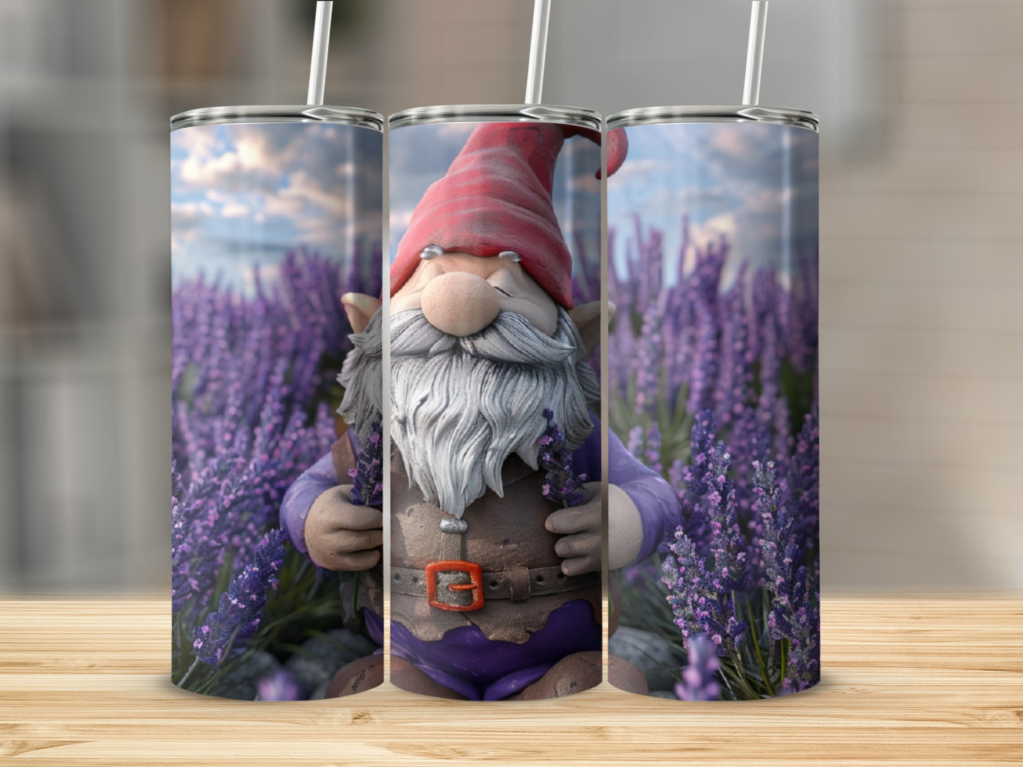 Gnome holding lavender bouquet in field with blurred sky background.