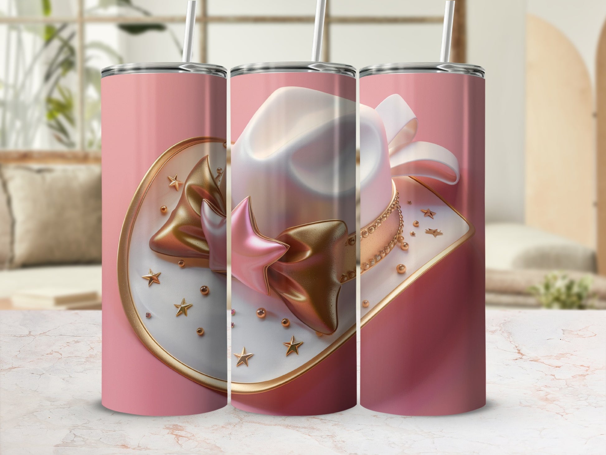 Pink tumbler with a gold-trimmed cowboy hat and stars design.