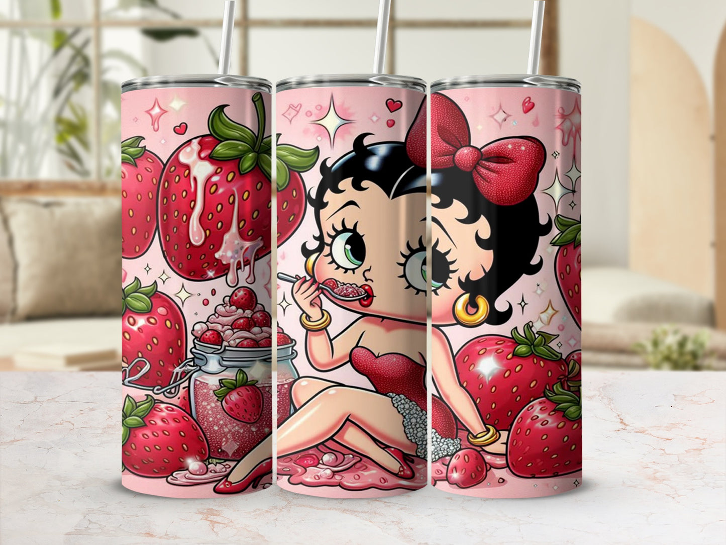 Retro Cartoon Character Surrounded by Strawberries tumbler