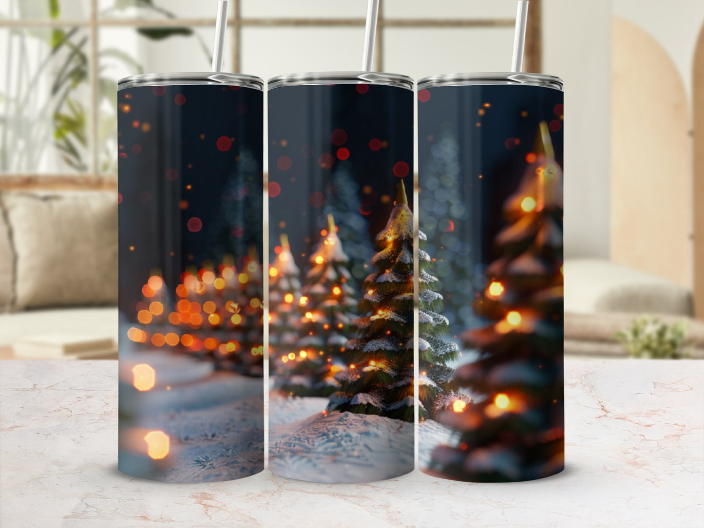 Three tumblers with a snowy forest and bokeh lights design.